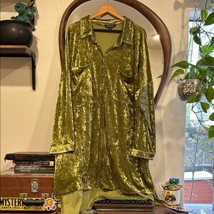 Green Velvet Button-Up Shirt Dress